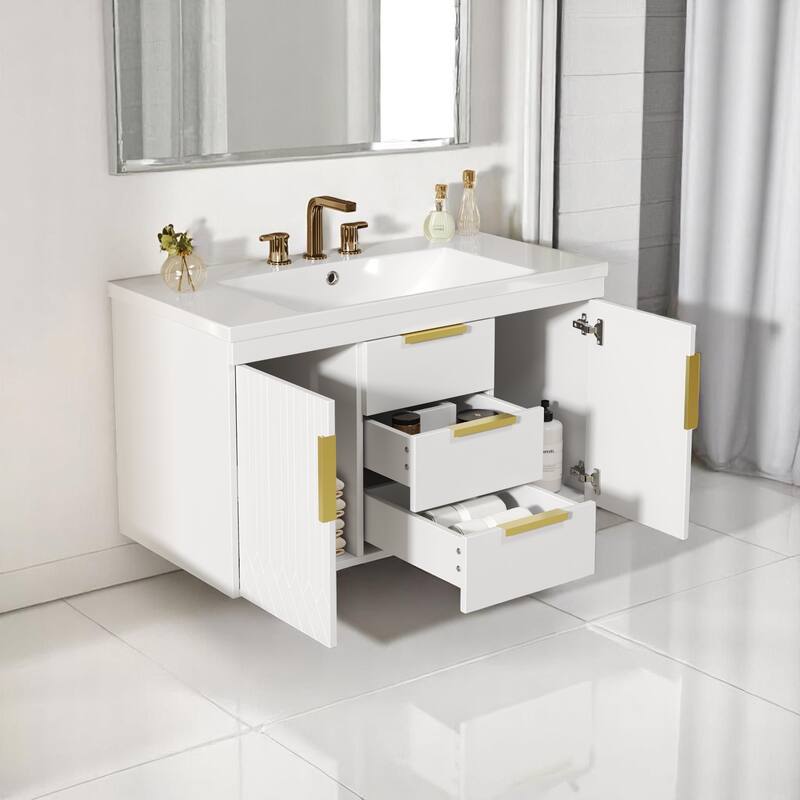 36 Inch Floating Bathroom Vanity with Sink, Wall Hung Cabinet with 2 Soft Close Drawers, Modern MDF Frame