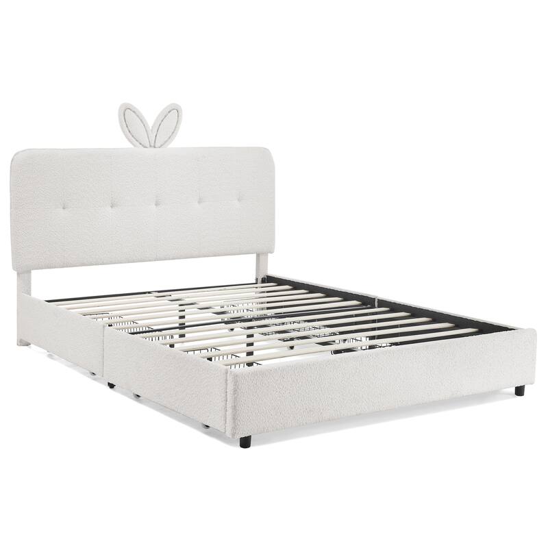 Kids Boucle Upholstered Bed with Rabbit Ear Headboard, LED Music Sync & 4 Drawers