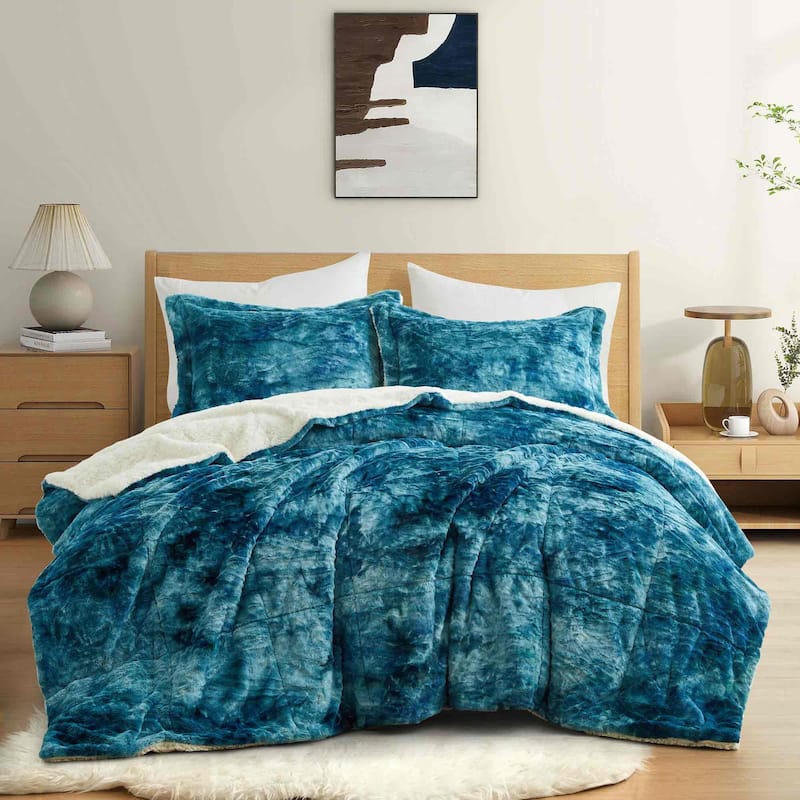 3 Piece Winter Reversible Comforter Set Faux Shearling Ultra Soft Minky Plush and Fuzzy Fleece Microfiber - Peacock Blue - Queen