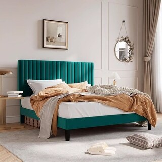 Queen Bed Upholstered Platform Bed Frame & Adjustable Headboard Teal ...