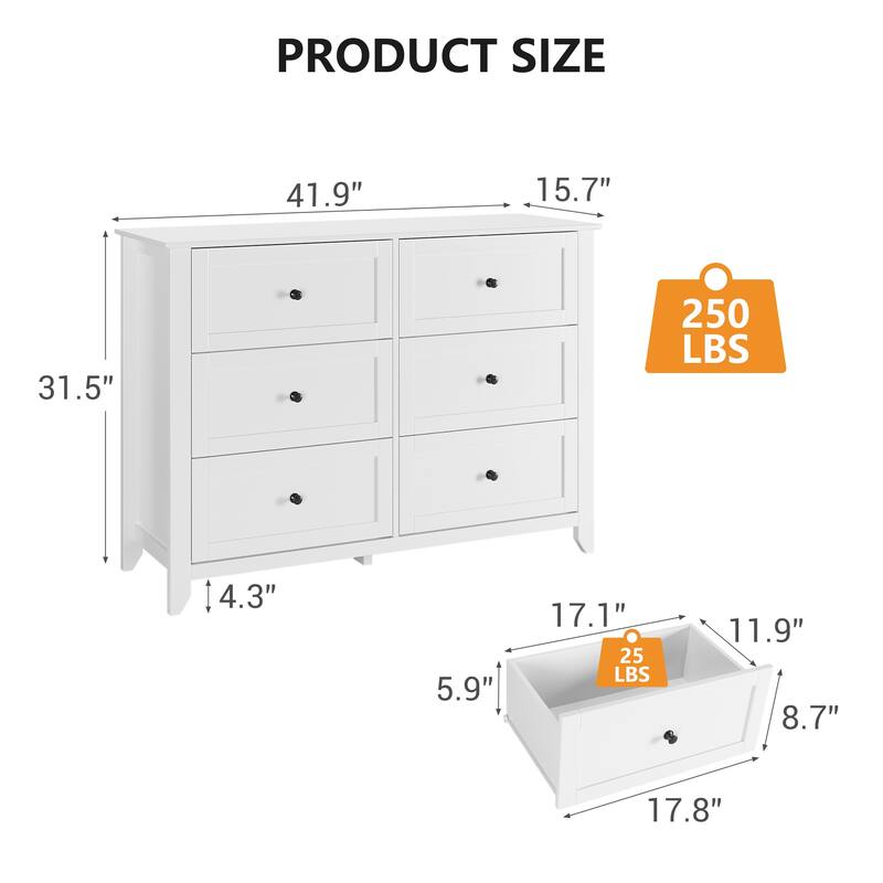 6 Drawers Cabinet,Wood Double Chest of Dresser Wide Storage Organizer - White