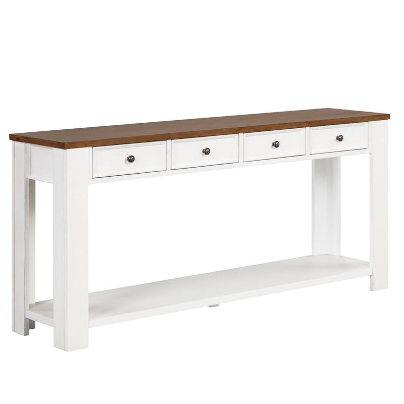 Pine Wood Console Table with 4 Drawers and Bottom Shelf for Entryway Hallway