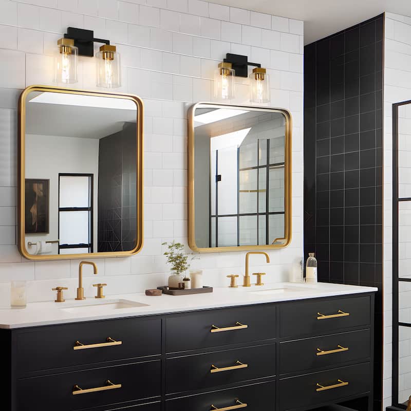 Caylin Modern 2-Light Black Gold Bathroom Vanity Light Square Glass Wall Sconces - 12"L x 5.5"W x 10"H