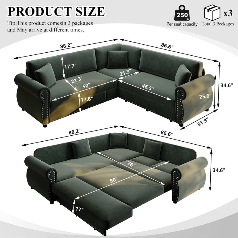 88.2" L-Shaped Sleeper Sectional Sofa with Pull-Out Bed - Chenille Convertible Couch, Nailhead Trim, for Living Room