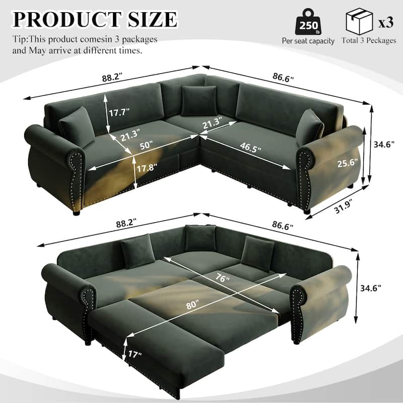 Homy Casa L-Shaped Sectional Sofa w/ Pull-Out Bed, Chenille Sleeper Couch w/ Nailhead Trim & Rolled Arm, Oversize