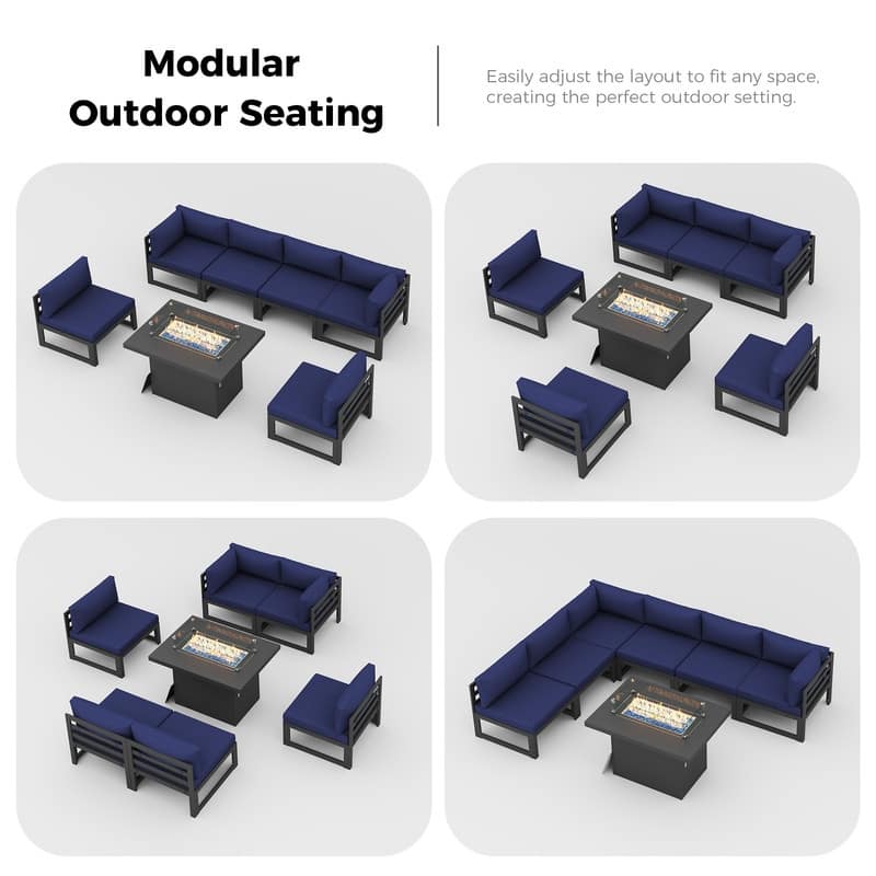 7 Piece Aluminum Patio Furniture Set with Fire Pit Propane/Natural Gas, 29 inch Deep Wide Seat Aluminum Outdoor Sectional