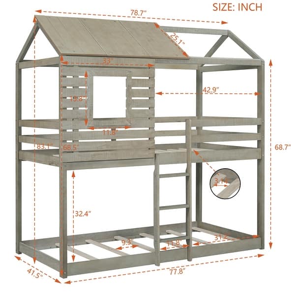 dimension image slide 1 of 2, Playhouse Inspired Twin-Over-Twin Bunk Bed with Roof, Window, Guardrail, Ladder