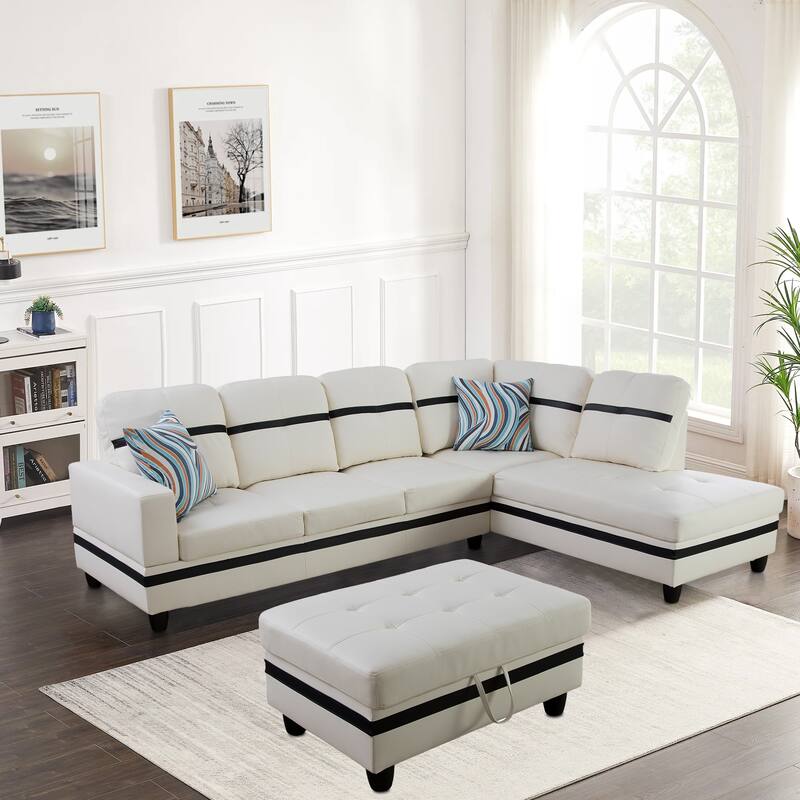 L-Shape Semi PU Leather Living Room Sofa Set with Ottoman,3-Piece - White - Right Facing