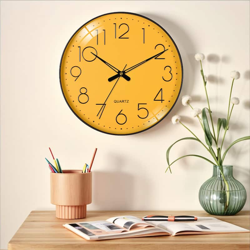 Wall Clock, Silent Non-Ticking Modern Battery Operated Clocks for Office, Home, Bathroom, Kitchen, Bedroom 12 Inch - 12 Inch - Yellow