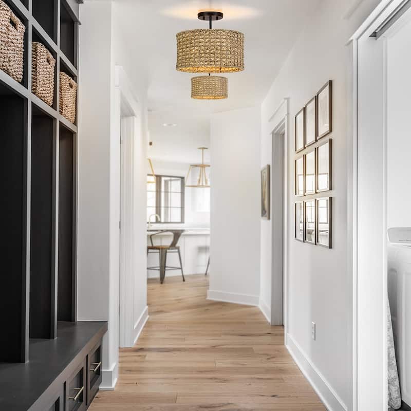 13.6 in. 2-Light Natural Rattan Semi-Flush Mount Ceiling Light with Black Canopy - Black/earthy - 13.6 in. W - 13.6 in. W