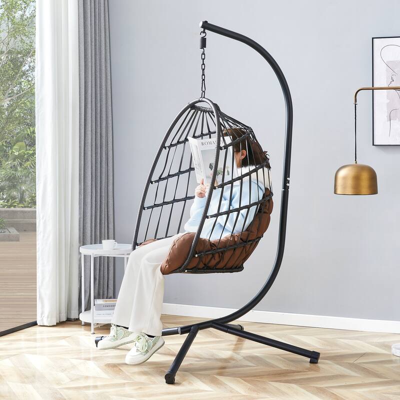 Roomfitters Heavy-Duty Iron Hanging Chair with Wicker Weave, Indoor Outdoor Single Swing