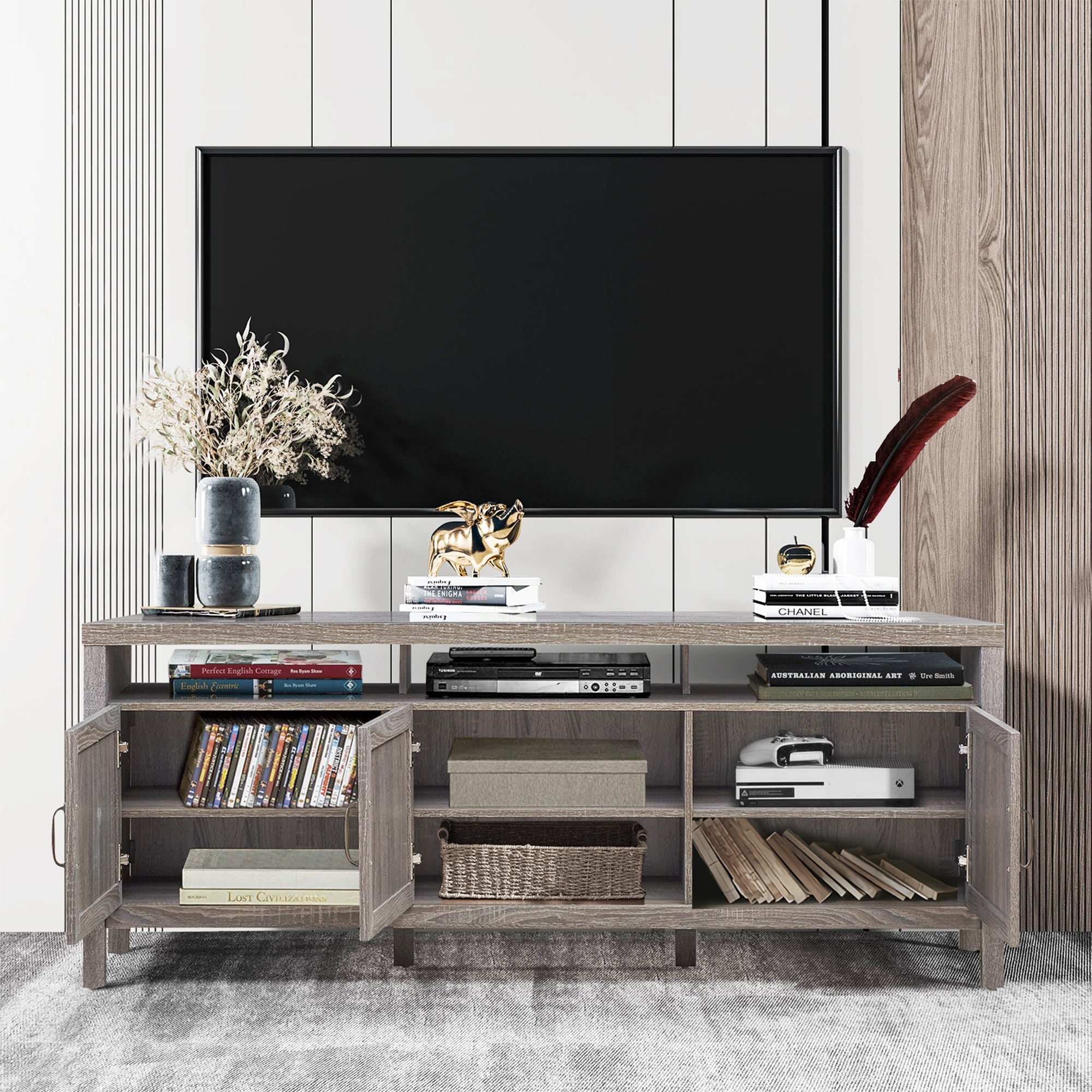 Bush Home Westbrook 60W TV Stand for 75 Inch TV and Bookcases with Glass  Doors, image size:2000x2000