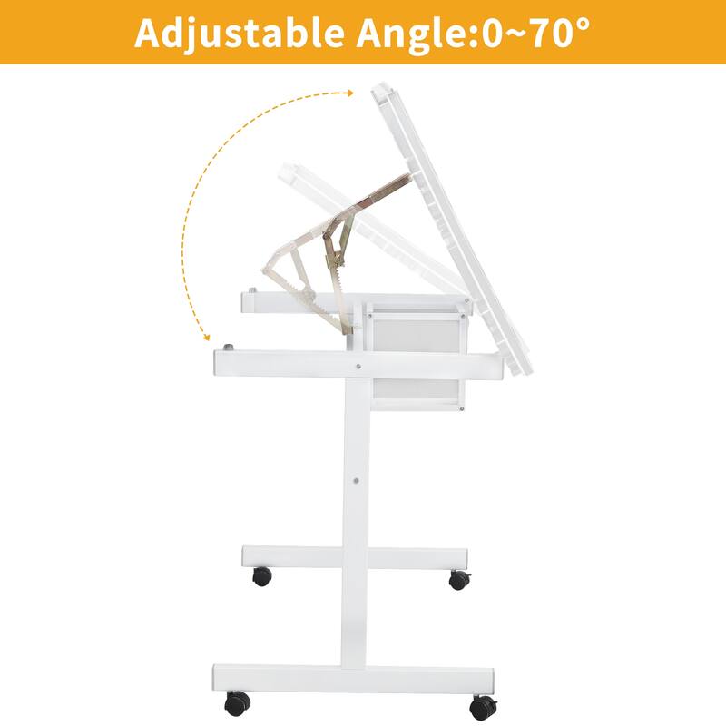 Adjustable Art Drawing Desk Craft Station Drafting with 2 fabric Drawers and 4 Wheels (white)