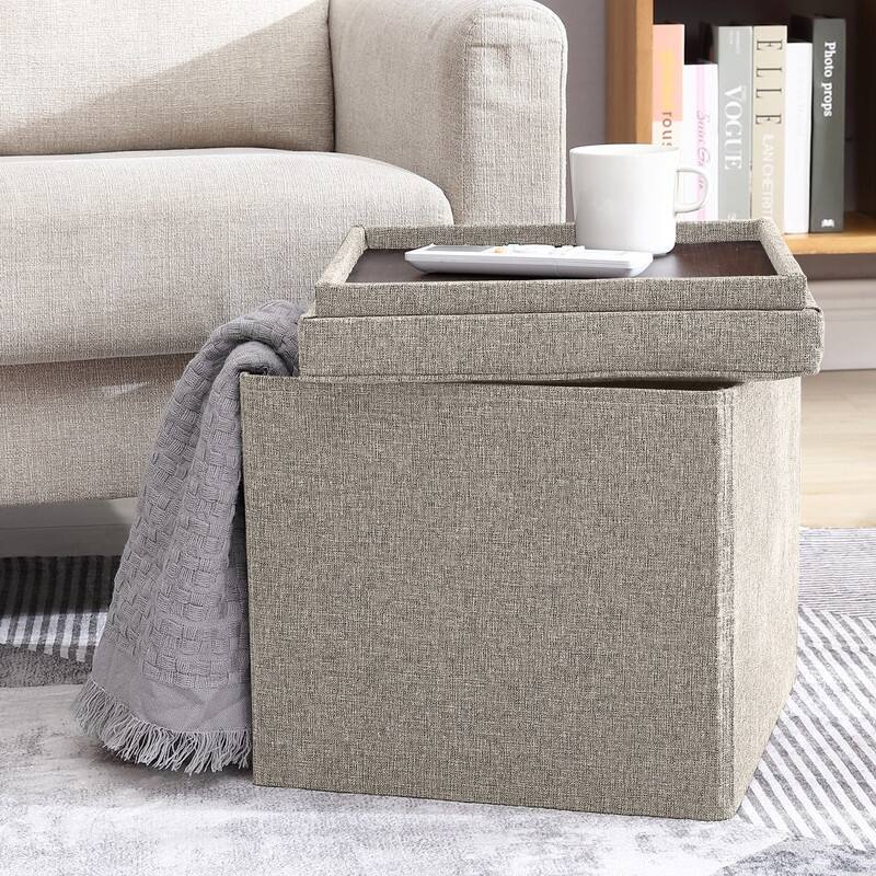 Foldable Tufted Square Storage Ottoman with Table Top Lid - Beige