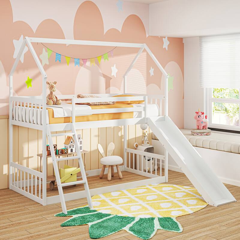 Gymax Twin Over Twin House Bunk Bed w/ Slide Solid Wood Low Bunk Bed