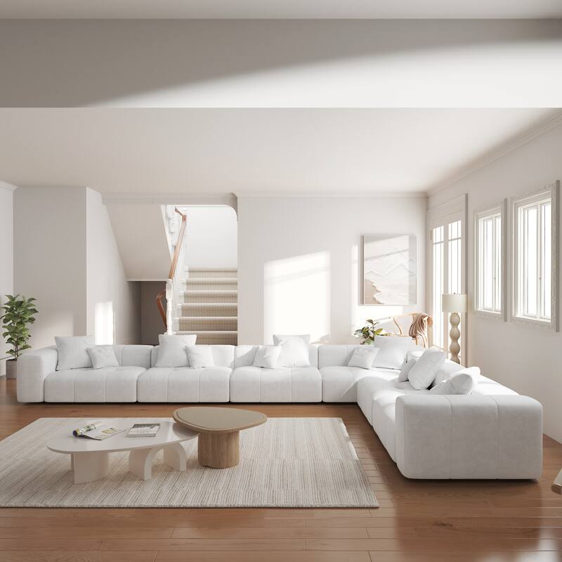 183''W Large Linen Corner Sectional Couch for Living Room Sofa Set - White