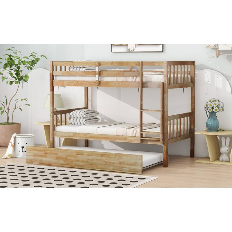 Roomfitters Twin Over Twin Rubber Wood Bunk Bed with Trundle, Convertible to Two Twin Beds, Ladder and Guardrails
