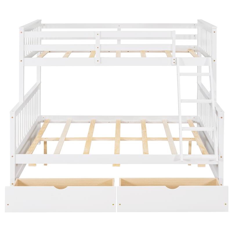 Twin-Over-Full Bunk Bed with Ladders and Storage Drawers in White