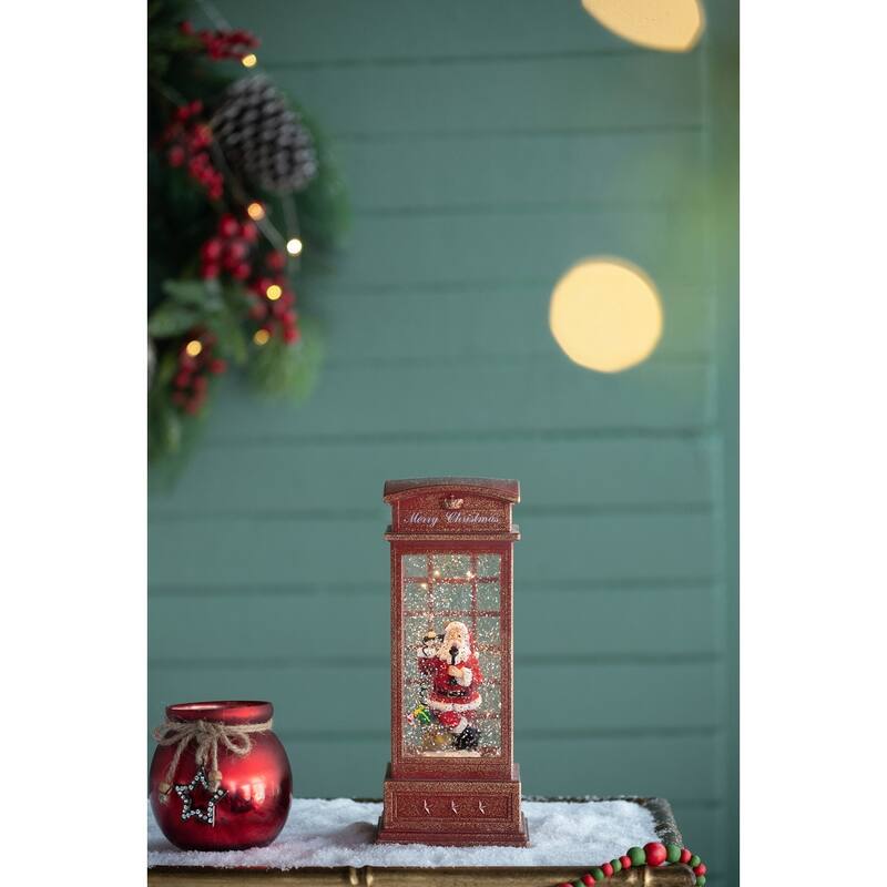4x4x10"H Christmas Lighted Water Spinning Phone Booth With Santa On Phone, 3*AA Batteries Required