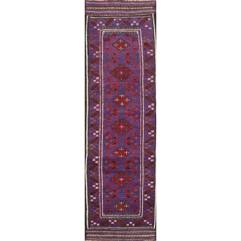 Hand Knotted Oriental 100% Wool Carpet Traditional Tribal Navy Blue & Blues Balouch Runner Rug - 8' 10'' X 2' 1''