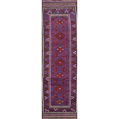 Hand Knotted Oriental 100% Wool Carpet Traditional Tribal Navy Blue & Blues Balouch Runner Rug - 8' 10'' X 2' 1''
