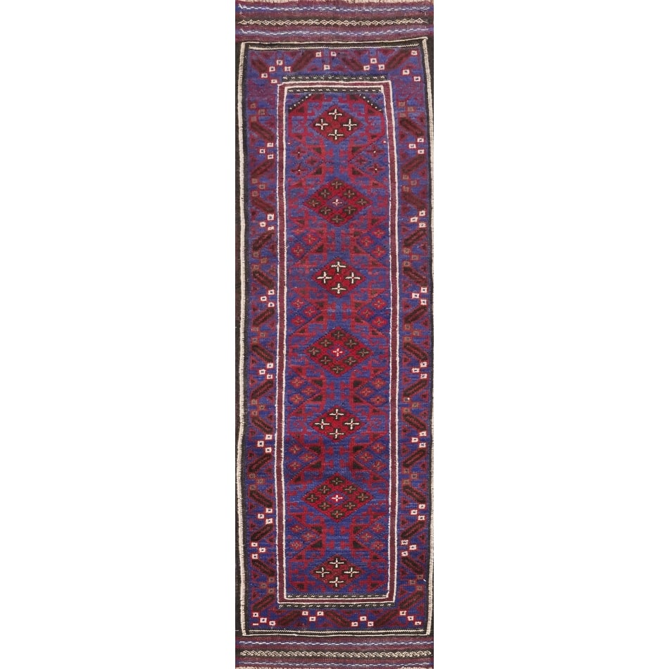 Hand Knotted Oriental 100% Wool Carpet Traditional Tribal Navy Blue & Blues Balouch Runner Rug - 8' 10'' X 2' 1''