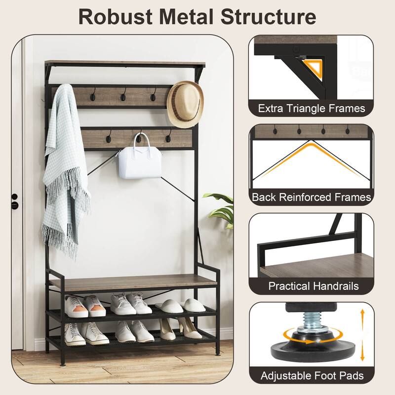 Costway Coat Rack 4-In-1 Hall Tree with 11 Hanging Hooks, Shoe Bench, - See Details