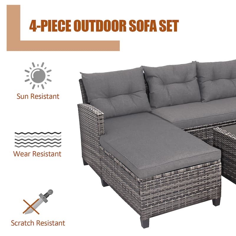 Costway 4PCS Patio Rattan Furniture Set Cushioned Loveseat Table Shelf - Grey - See Details