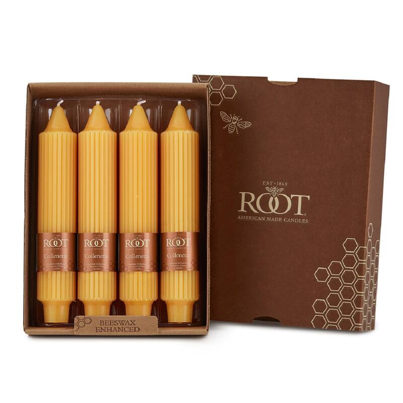 Root Unscented Grecian Collenette Taper Candles box of 4 - 7 X 1-1/4 - Butterscotch