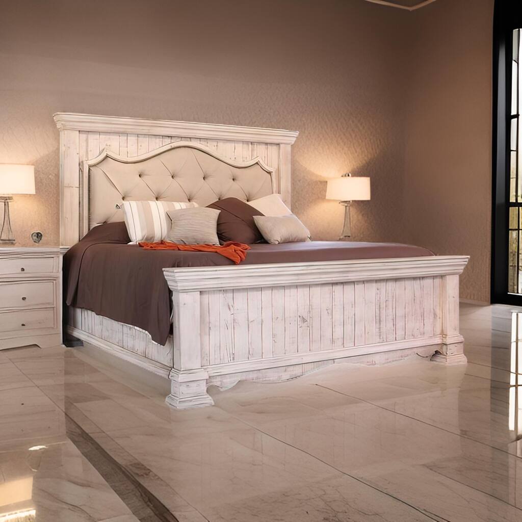 Belo Queen Bed, Pine Wood, Beige Upholstered Headboard, Distressed White