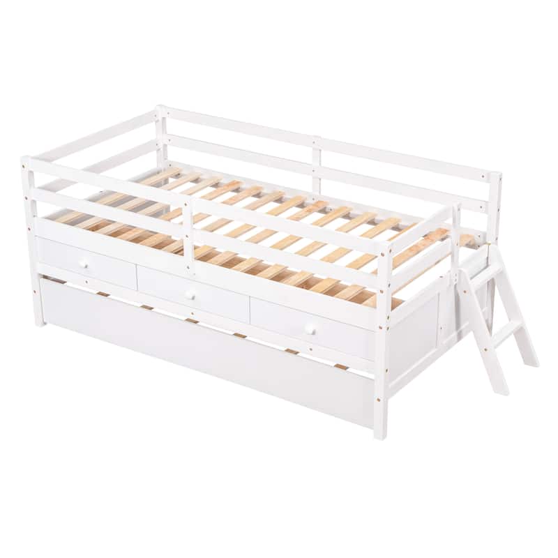 Solid Wood Low Bed with Full Safety Fence, Climbing ladder,Storage Drawers and Trundle