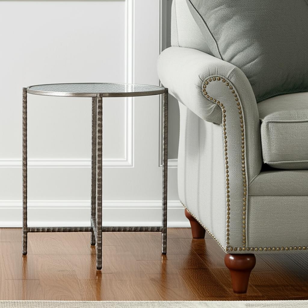 HomeRoots 22" Clear and Silver Glass and Distressed Steel Round End Table - 21.00 in. x 22.00 in. x 21.00 in.
