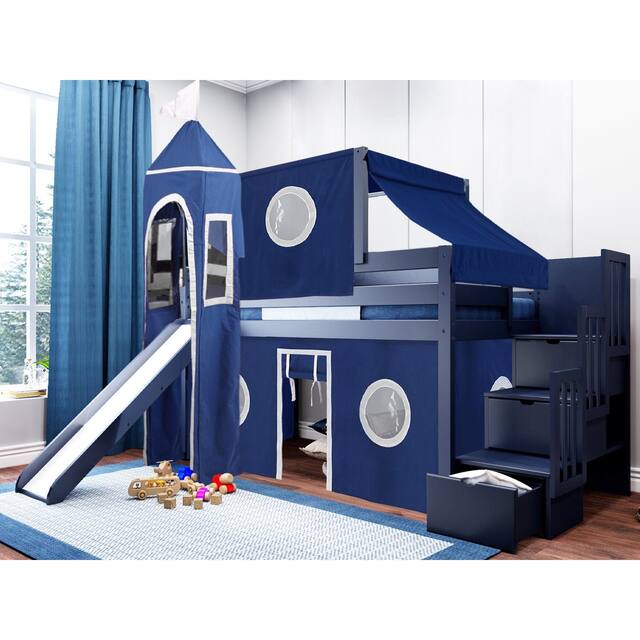 JACKPOT Prince & Princess Low Loft Bed, Stairs & Slide, Tent & Tower - Blue with Blue & White Tent