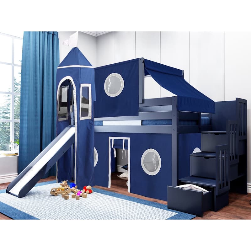 JACKPOT Prince & Princess Low Loft Twin Bed, Stairs Slide Tent & Tower - Blue with Blue & White Tent