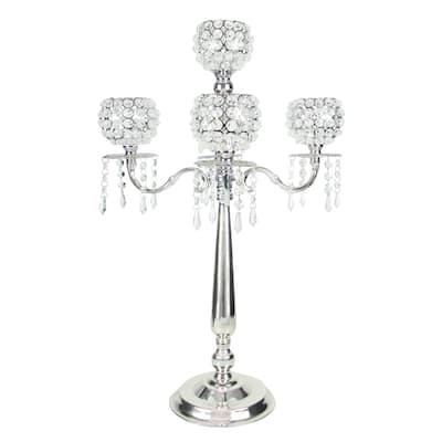 Silver Crystal Bead Candelabra Candlestick Candle Holder Centerpiece 27in - 27" H x 13" W x 13" DP