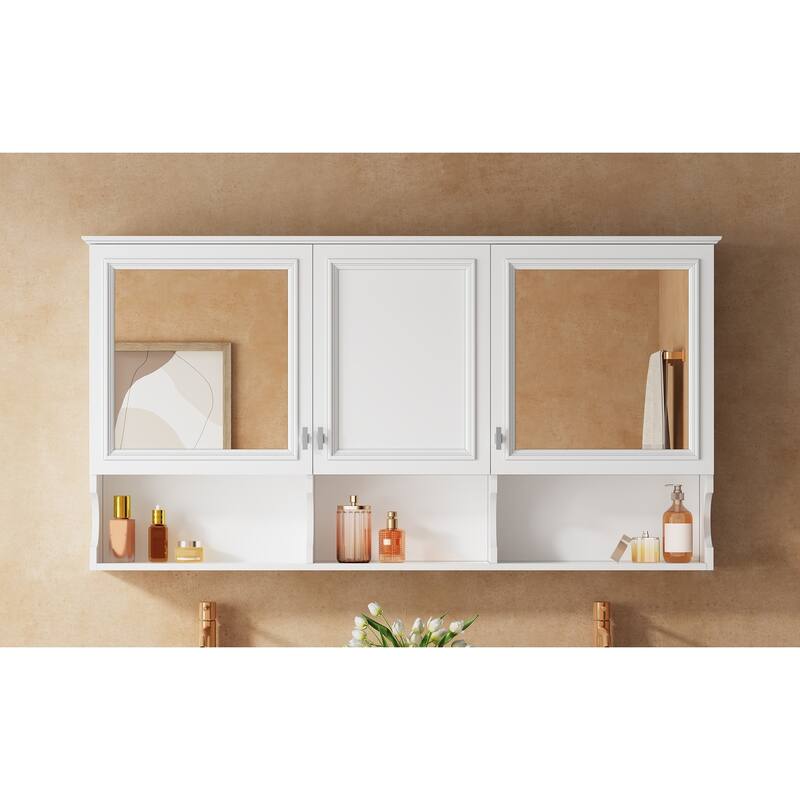 55"Mirror Medicine Cabinet with Open Shelves,Wall Mounted Storage with Doors & Mirror,Adjustable Shelf