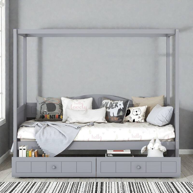 Twin Size Wooden Canopy Daybed with 2 Storage Drawers, Solid Pine Wood Frame with Backrest, Space Saving Design
