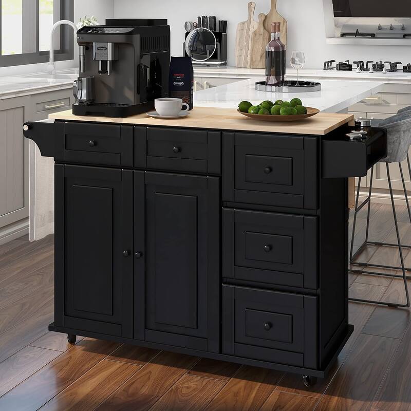 Rolling Kitchen Island with Drop Leaf - Mobile Cart with Wooden Countertop, Spice Rack, Adjustable Shelves & Drawers