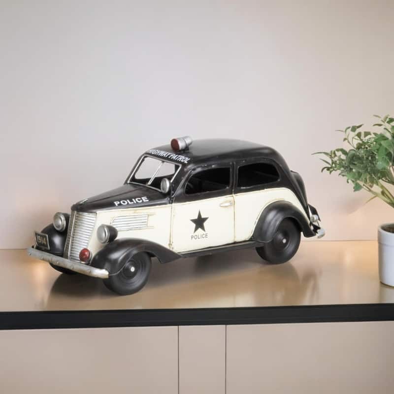 HomeRoots 7" Black and White Metal Hand Painted 1937 Police Car Model Car - 6.5' X '6.5' X '13.5 - 6.5' X '6.5' X '13.5