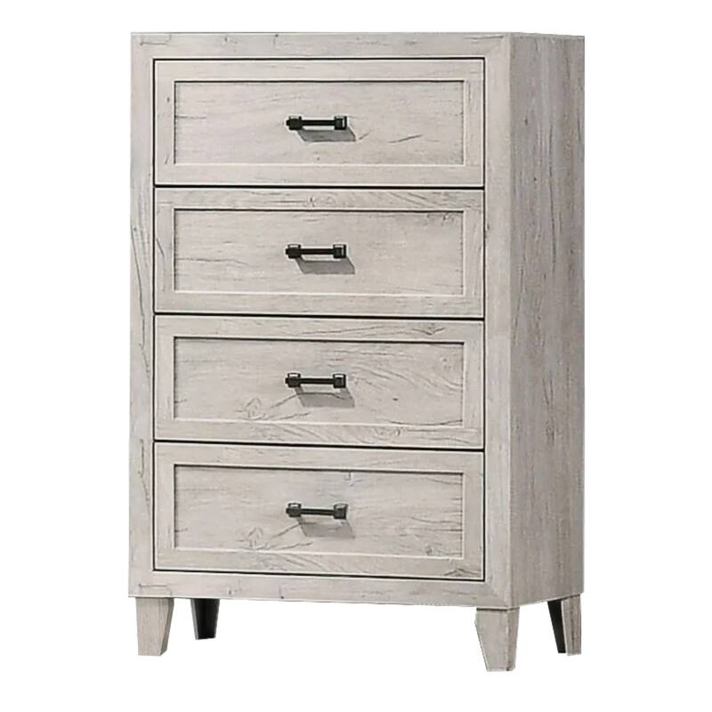 Miot Tall Dresser Chest, 4 Drawers w Metal Handles, White Wash Wood