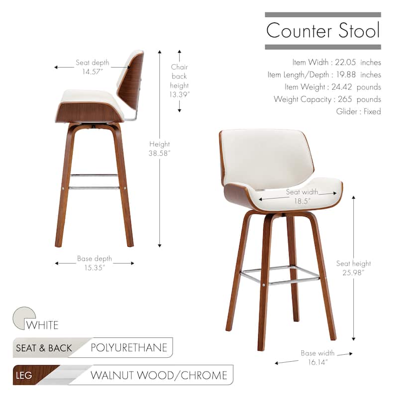 Porthos Home Ori Swivel Counter Stool, PU Leather, Wooden Legs with Footrest