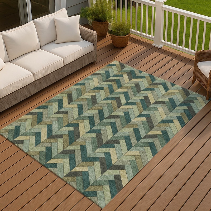 Machine Washable Indoor/ Outdoor Modern Chevron Chantille Rug - Green - 5' x 7'6"