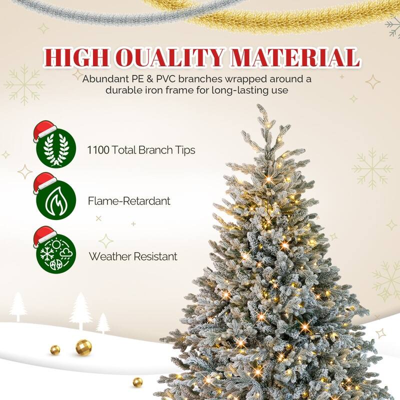 7 FT Pre-lit Snow Flocked Christmas Tree, Artificial Hinged Xmas Pine Tree for Holiday Party Office Home, Snowy Green