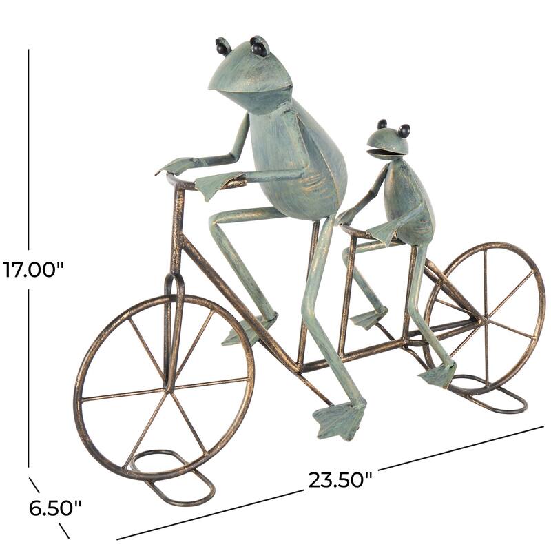 Metal Frog On Bicycle Garden Sculpture with Gold Accents - Copper or Green - Roche River Decor
