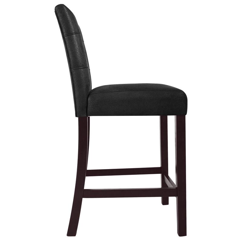 Popa Counter Stool Chair Set of 2, Black Faux Leather, Tufted Back