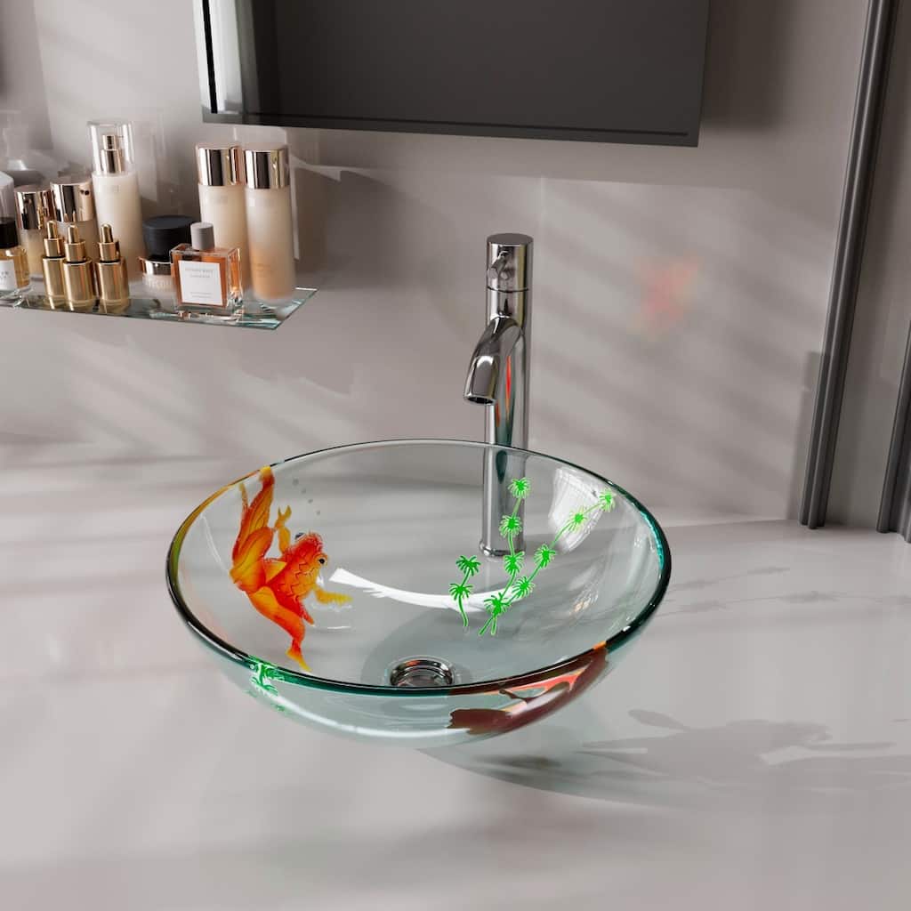 Tempered Glass Countertop Vessel Sink 16.5" W Round Bowl , Brass Drain, Waterfall Faucet and Gasket Renovators Supply
