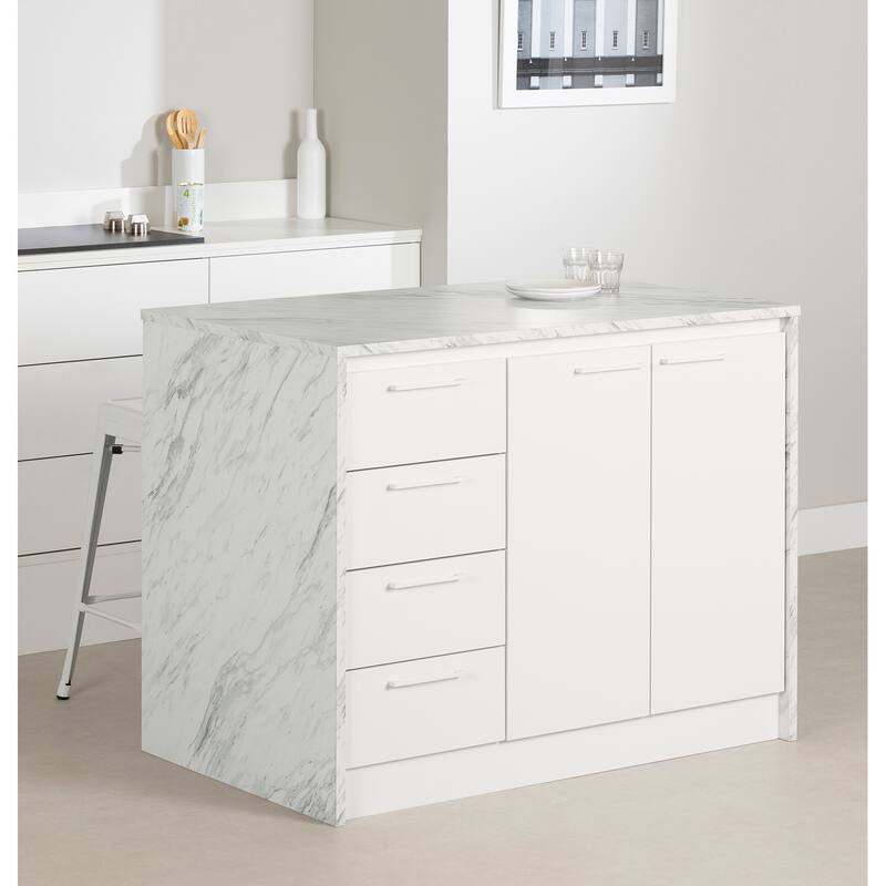 Compact Kitchen Island with White Faux Marble Top, 4 Drawers, Adjustable Shelves, and Seating Space for Two
