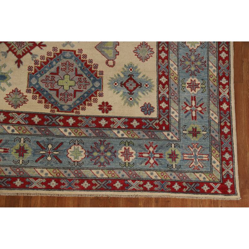 Hand Knotted Oriental 100% Wool Carpet Traditional Geometric Beige & Ivories Kazak Area Rug - 12' 0'' X 9' 1''