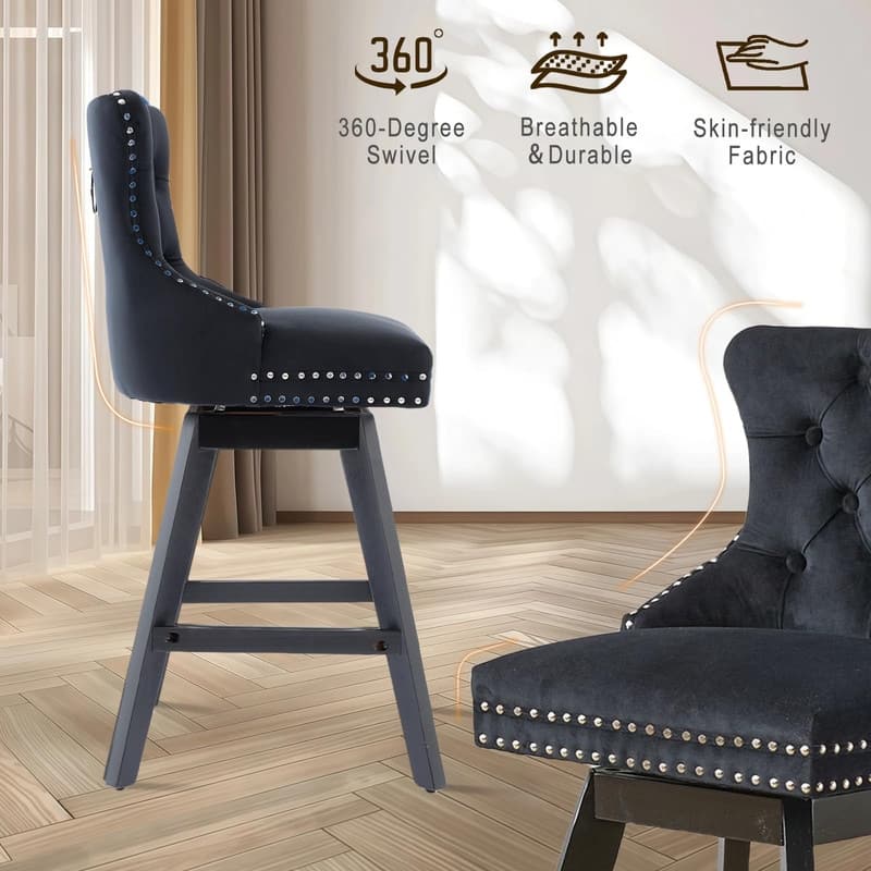 Velvet Wing-Back Tufted Nailhead Upholstered Bar Stools (Set of 4)