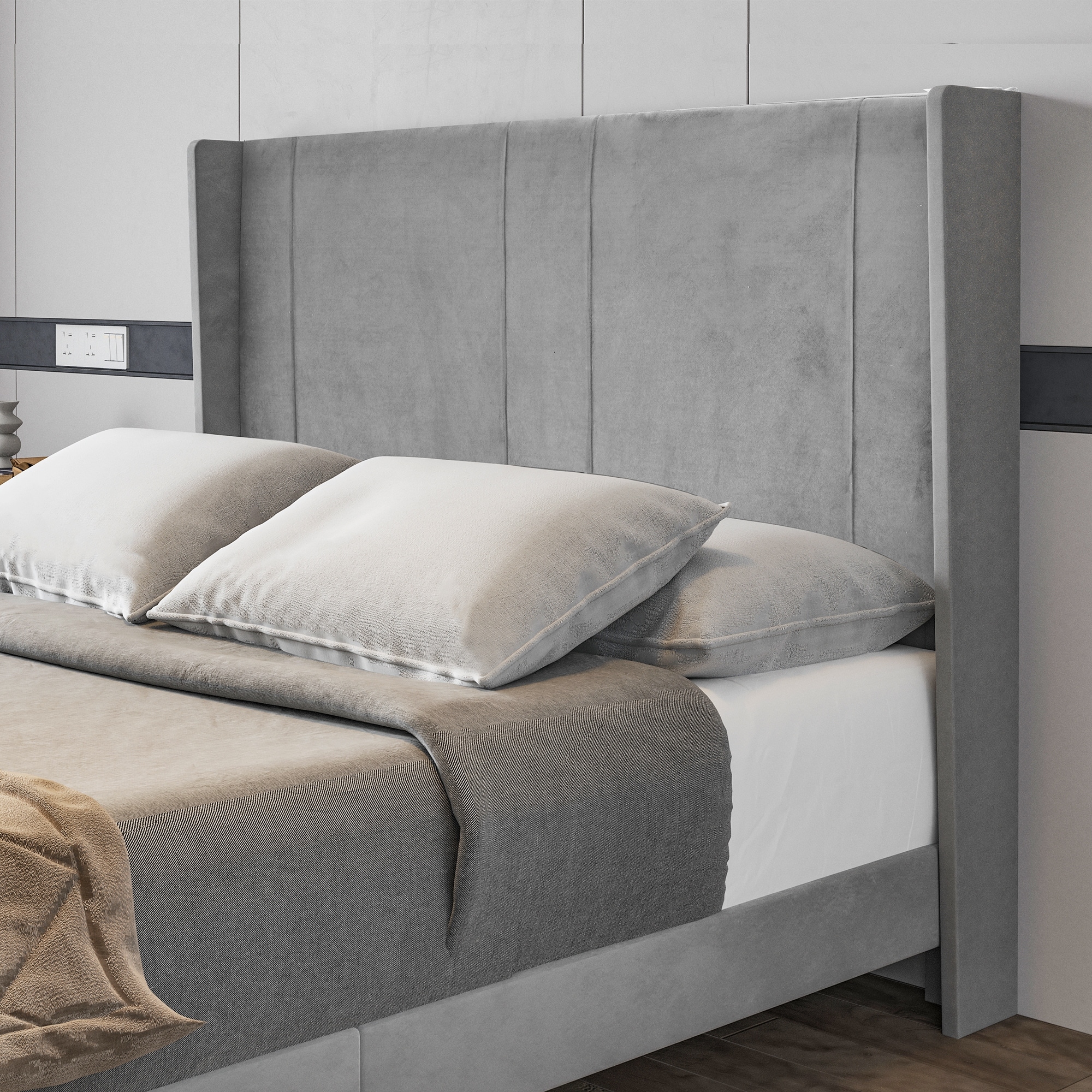 Grey Velvet Upholstered Bed